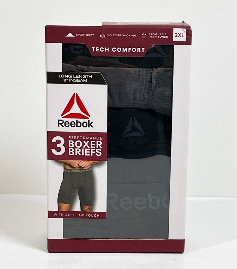 Reebok Men's Tech Comfort Performance Boxer Briefs Long Length 3 Pack 2XL